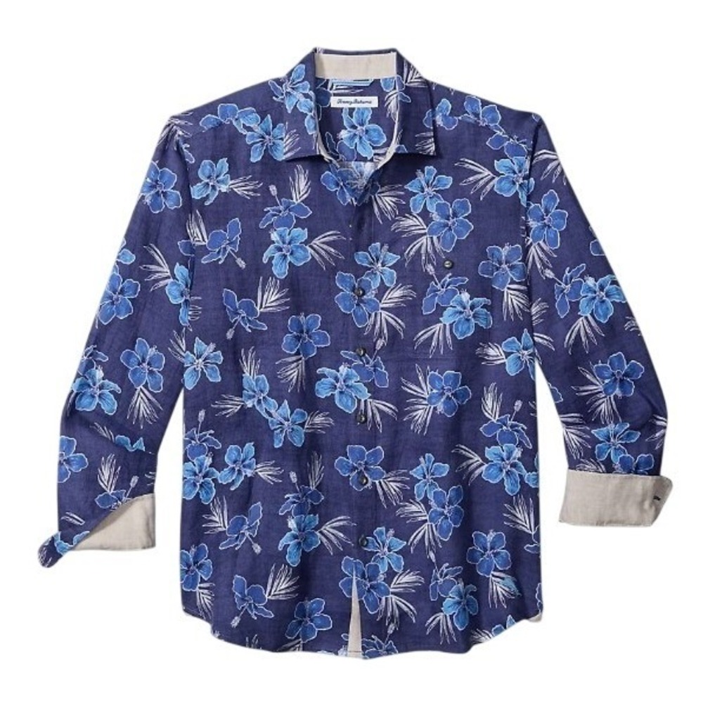 Tommy Bahama Mens XLT Blue Hibiscus Oasis Long-Sleeve Linen Shirt NWT